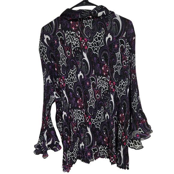 C.J. Banks Paisley Ruffle Sleeve Plisse Blouse Womens Plus Size 2X Crinkle Top - Picture 2 of 7
